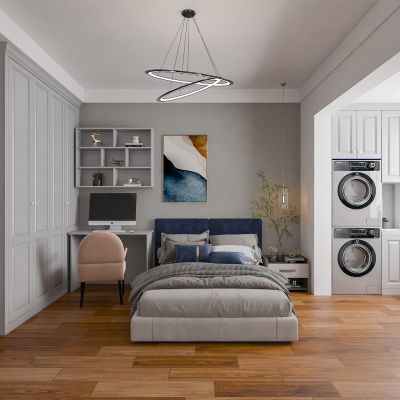 全屋定制  现代男孩房 衣柜 学习桌 洗衣机柜 实木纯色 