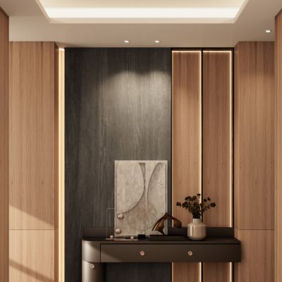 新中式 奶油 轻奢 实木风 入户 端景 玄关