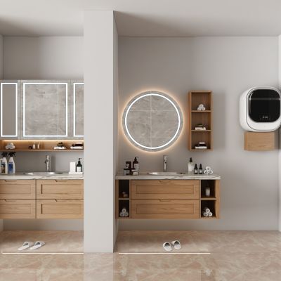 全屋定制 现代浴室柜 挂式洗衣机 实木原木色 