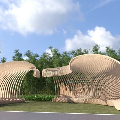 现代异形编藤竹构格栅景观亭子