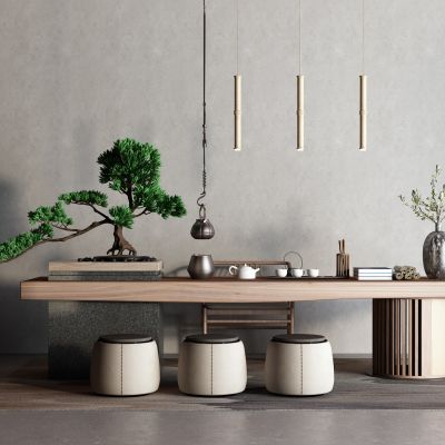 新中式茶桌椅 盆栽 吊灯 茶具