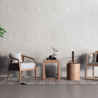 新中式休闲椅 圈椅 茶几 盆栽