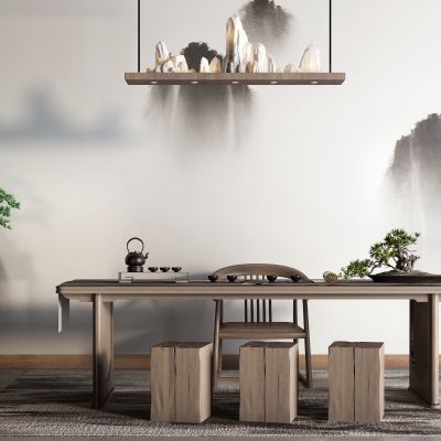 新中式茶桌椅 盆栽 吊灯 凳子