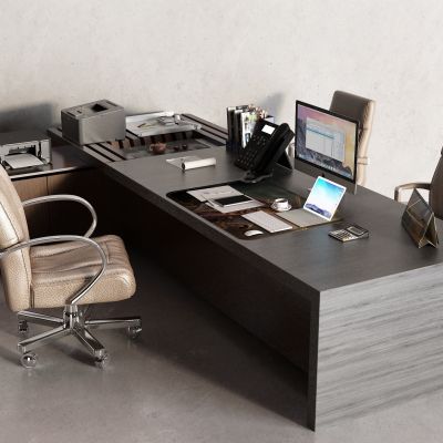 现代大班台 办公桌 复印机 电话 座机 电脑 文件夹