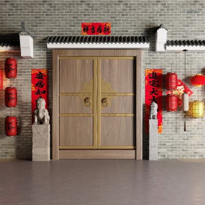 新中式灯笼 瓦 屋檐 石狮子 大门 对联 福字