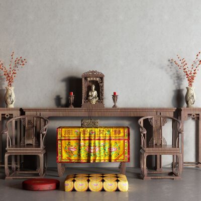 中式佛龛 观音像 莲花灯 圈椅 垫子