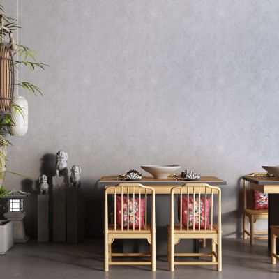 中式餐桌 火锅 竹子 景观小品 石狮子