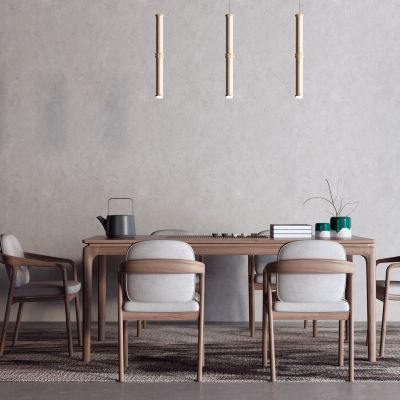 新中式茶桌椅 盆栽 实木餐桌