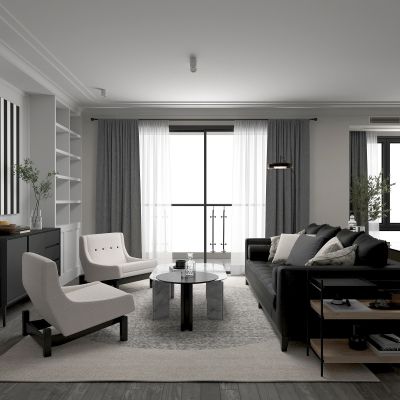 暗黑系客厅 黑白灰现代客厅 多人沙发 单人沙发 电视柜