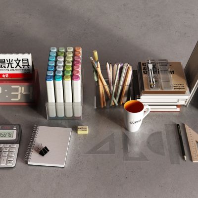 现代文具 画笔 铅笔 笔记本 尺子 计算器 橡皮 夹子