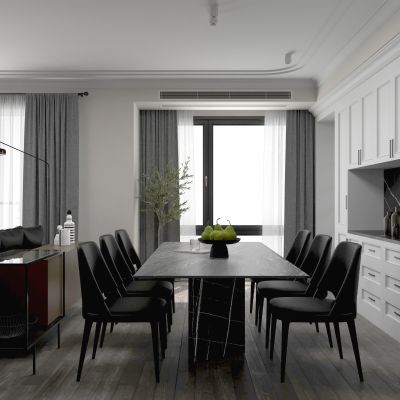 暗黑系客餐厅 黑白灰现代客餐厅 多人餐桌 餐桌椅组合 餐边柜