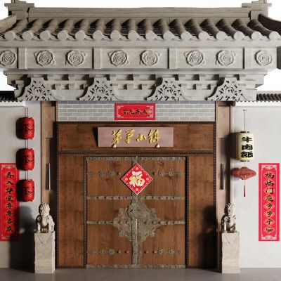 中式门头 对联 灯笼 石狮子 瓦片 牌匾