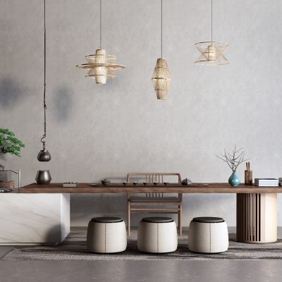 新中式茶桌椅 盆栽 吊灯