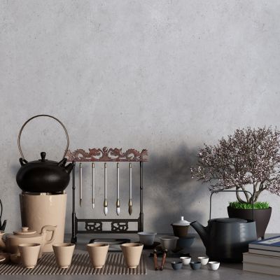 中式茶具 茶壶 茶炉 毛笔 古籍