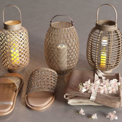 东南亚烛台灯 藤编 拖鞋 毛巾