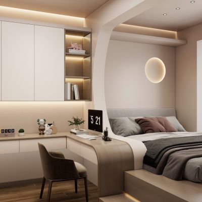 意式奶油风隔断造型书桌一体柜榻榻米书房