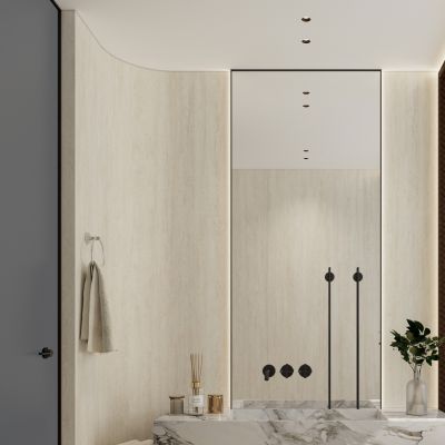 奶油 中古风 洞石 岩板 弧形 浴缸 卫生间