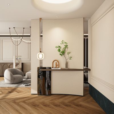 轻法式 奶油 实木风 弧形 小洞天顶 入户 隔断 玄关