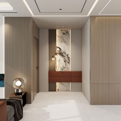 新中式 奶油 轻奢风 岩板 扣板造型 走廊 端景 玄关