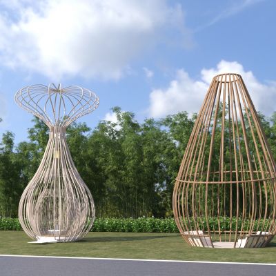 现代异形参数化鸟笼编藤竹构格栅景观亭子