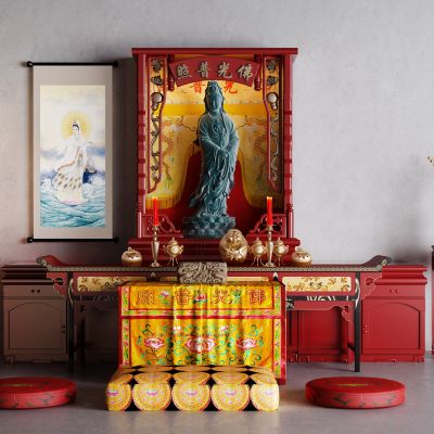 中式佛龛 佛堂 观音 莲花 垫子