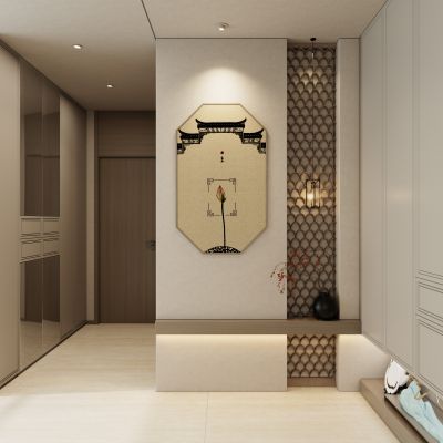 新中式 奶油 诧寂风 中古风 鱼鳞造型 入户 端景隔断 玄关
