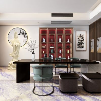 全屋定制 新中式茶室 茶柜 茶桌椅组合 玉观音 挂画 屏风 隔断 