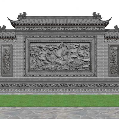 中式景墙照壁影壁墙围墙浮雕苏式景墙马头墙瓦片墙中式纹样雕花砖雕牌楼