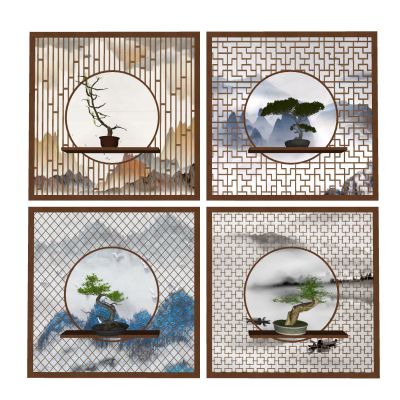 新中式隔断屏风水墨画屏风实木隔断格栅花窗漏窗