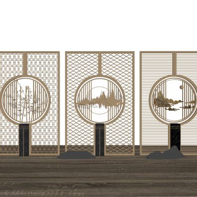 新中式屏风隔断木格栅金属屏风中式纹样端景隔断月亮洞