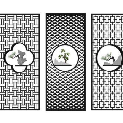 中式屏风隔断木格栅实木屏风花窗漏窗屏风山水屏风月亮洞瓦片