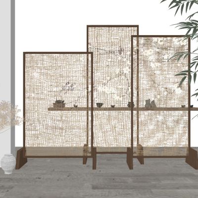 新中式隔断屏风水墨画屏风竹木隔断实木隔断端景屏风