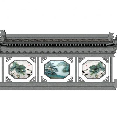 中式景墙照壁影壁墙围墙浮雕苏式景墙马头墙瓦片墙中式纹样山水画彩绘