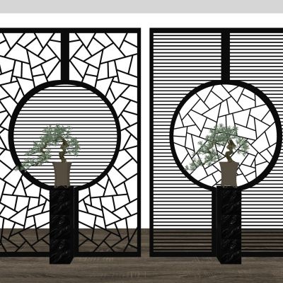 新中式屏风隔断木格栅金属屏风花窗漏窗端景隔断月亮洞