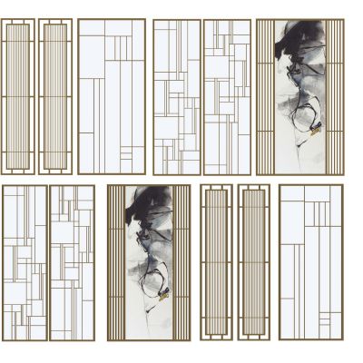 新中式隔断屏风实木隔断木格栅水墨画屏风金属隔断