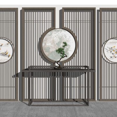 新中式隔断屏风水墨画屏风实木隔断格栅花窗漏窗月亮洞