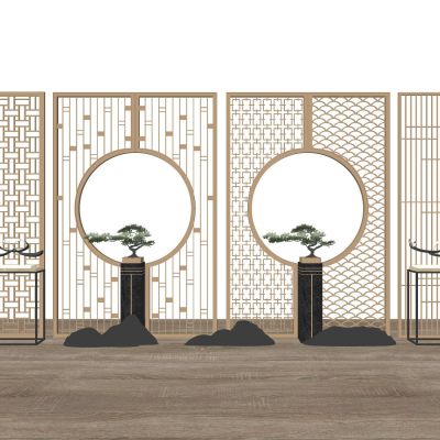 新中式屏风隔断木格栅金属屏风中式纹样端景隔断月亮洞瓦片