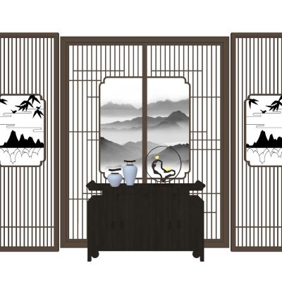 新中式隔断屏风水墨画屏风实木隔断木格栅端景屏风