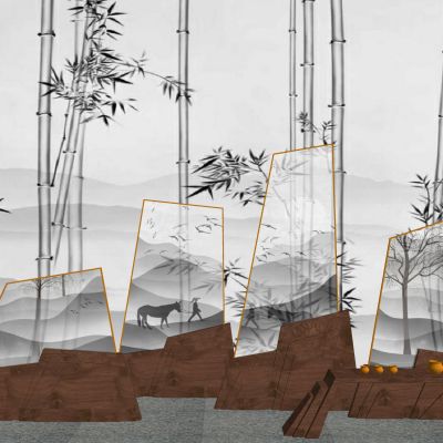 新中式隔断屏风水墨画屏风玻璃隔断实木隔断端景屏风