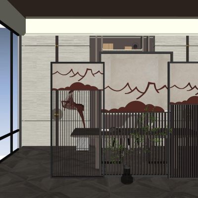 新中式隔断屏风水墨画屏风实木隔断木格栅山水隔断