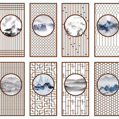 中式屏风隔断木格栅实木屏风中式纹样漏窗屏风山水月亮洞