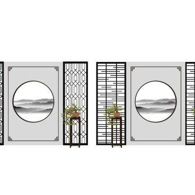 新中式屏风隔断木格栅实木屏风中式纹样端景隔断月亮洞