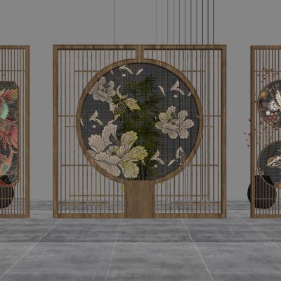 新中式隔断屏风水墨画屏风实木隔断格栅凤凰屏风