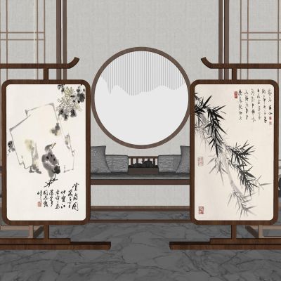 新中式隔断屏风水墨画屏风实木隔断山水屏风水墨画隔断