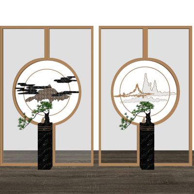 新中式屏风隔断木格栅金属屏风山水屏风端景隔断月亮洞