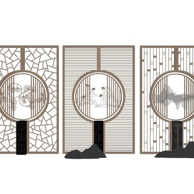 新中式屏风隔断木格栅金属山水屏风中式纹样端景隔断月亮洞