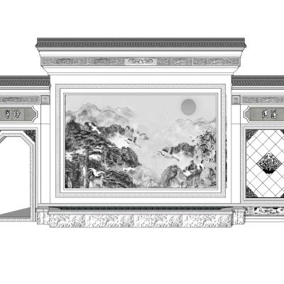 中式景墙照壁影壁墙围墙浮雕马头墙瓦片墙中式纹样雕花砖雕牌楼山水彩绘