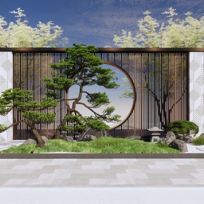 新中式景墙围墙居住区景墙格栅冲孔板金属隔断景观小品景观树