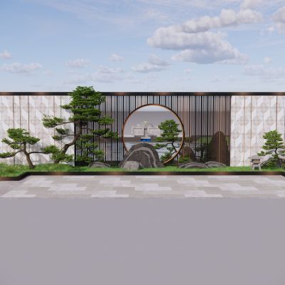 新中式景墙围墙格栅冲孔板庭院小品水景假山景石景观树