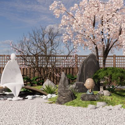 日式庭院小品景墙水景卵石景石雕塑景观植物汀步石灯